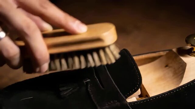 Bringing brush down, right hand brushing black suede tassel loafer on tabletop with shoe tree