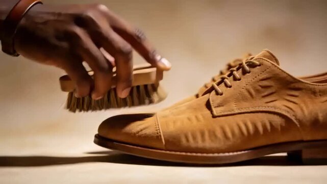 Entering left, hand brushing suede oxford with brush on tabletop, wristband and ring restoring nap
