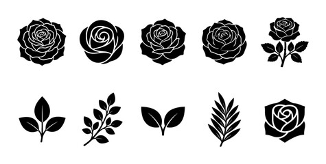 Fototapeta premium Black Rose Icons Set, Elegant Floral Vector Graphics, Romantic Flower Illustrations, Botanical Design Elements for Decorative Projects
