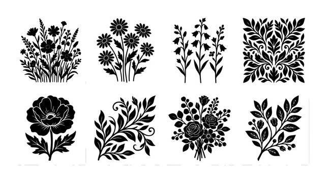 Vintage floral silhouette collection, 8 black botanical vector elements, rustic wildflower bouquets and leaf branches, elegant garden flower stencils