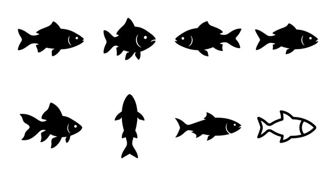 Set of 8 Black and White Fish Icons, Aquatic Animal Silhouettes for Marine Life and Seafood Design, Vector Graphics
