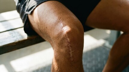 Fototapeta premium Close-up of a knee with a scar, showing skin texture and detail.