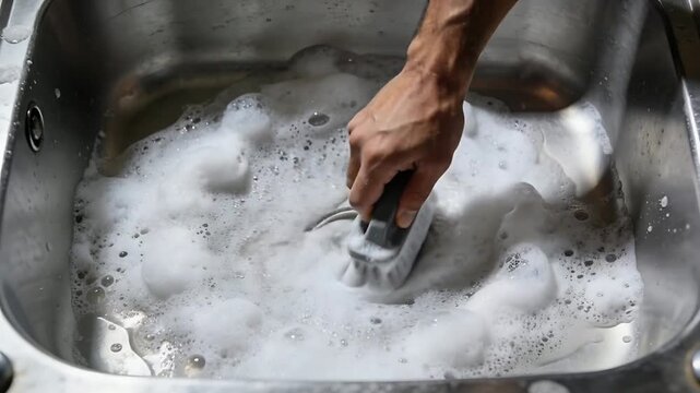 Scrubbing adult arm with dark sleeve pressing brush into steel drain in kitchen sink removing grime