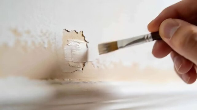 Noticing chipped paint, right hand holding flat bristle brush applying primer to wall above molding