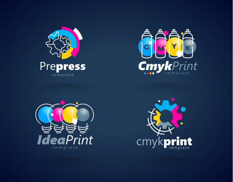 Set Logo Print. CMYK Ink Printing theme. Template design vector. Black background.