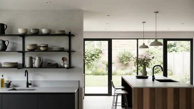 A modern kitchen with minimalist black open shelving holding plates, bowls, and pitchers, clean styling, soft contemporary light, ultra-realistic, no logos.