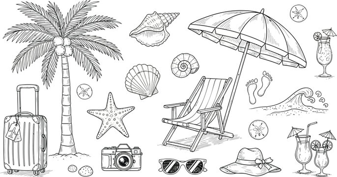beach elements collection in black and white line art