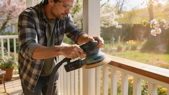 Powering orbital sander homeowner in plaid shirt sanding porch railing to smooth surface, with dust