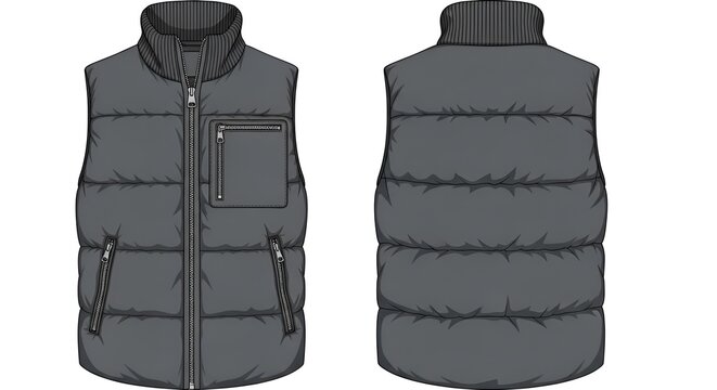 Men's Padded Gilet Vest Front and Back View Fashion Flat Sketch