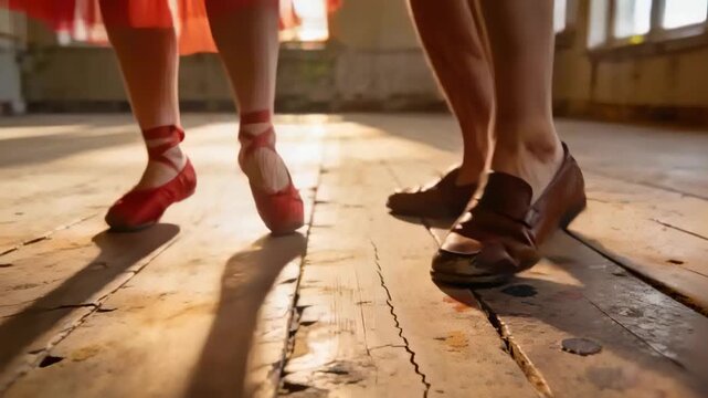 Stepping to cue, duo practicing on worn rehearsal floor, with red skirt, red shoes, brown loafers