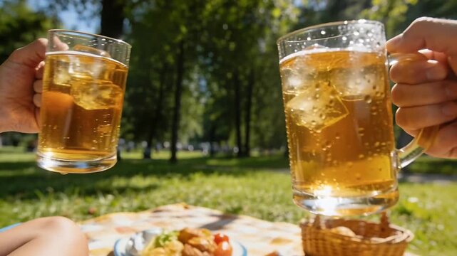 Raising glass mugs, two friends clinking together over checked picnic blanket in park, toasting