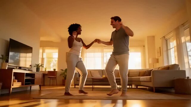 Holding hands, couple starting dancing on area rug in sunny living room, sharing joy in loungewear