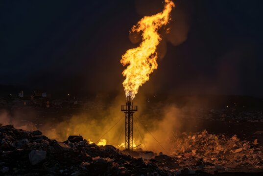 Industrial flare stack ignites waste, illuminating a dark, trash-filled landscape at night.