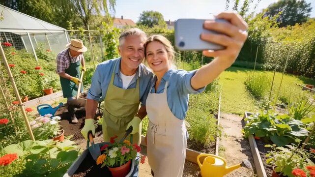 Angling smartphone, couple in aprons taking selfie at garden plot, holding wheelbarrow with flowers