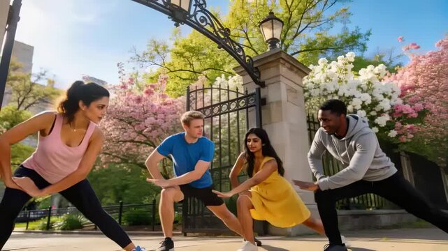 Practicing quartet after glance, lunging and sweeping arms at park under iron arch in sportswear