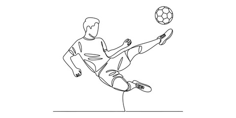 Continuous one line drawing of a soccer player kicking a ball in the air Vector, illustration © Kanu Art_Gallery