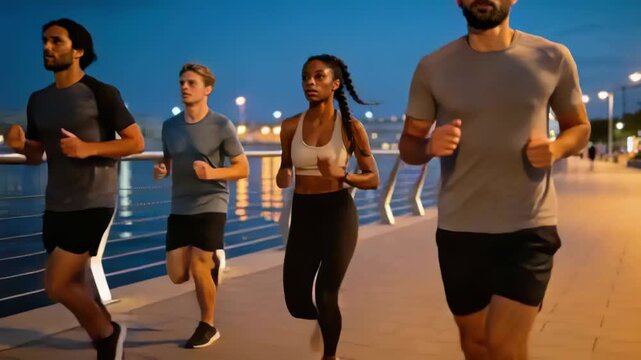 Jogging four training on path by rail, camera tracking right runner edging forward woman sports bra