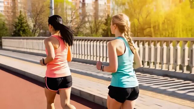 Jogging two women in coral teal tanks gaining lead, holding armband watches on bridge, sun glinting