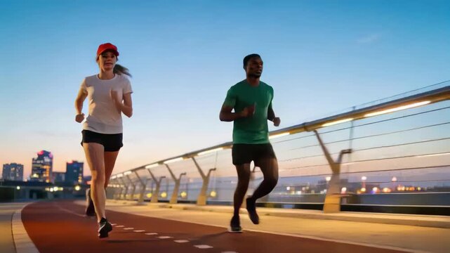 Running paired runners starting workout as dusk settles on bridge marked lane, with red cap
