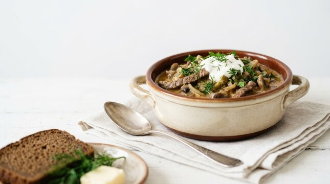 Beef Stroganoff served in a bowl with sour cream and herbs, with rye bread and butter on the side