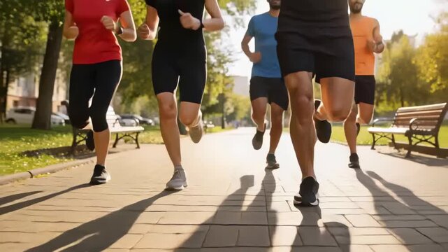 Running group as low sun casts long shadows on brick park path, wearing shorts, showing shoes