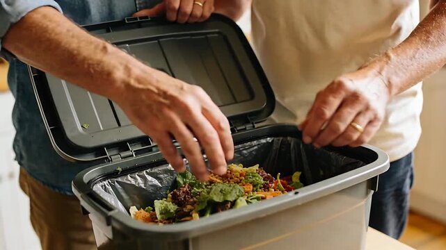 Disposing pair in denim and T-shirt dropping food scraps after meal at kitchen counter, filling bin