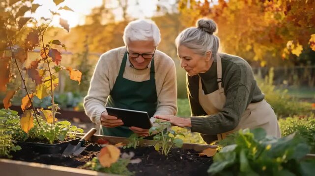 Presenting tablet, senior couple examining planting guide at garden raised bed with trowel aprons