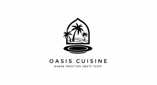 Oasis Cuisine logo with palm trees and waves.