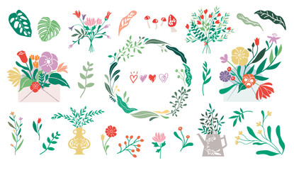 Obraz premium Botanical Flower Illustration, Bouquets, vase, wreath design