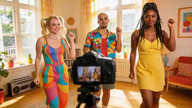 Camera starting recording on tripod, dancing three performers moving at home in colorful outfits