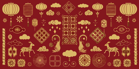 Naklejka premium chinese new year design elements in gold on red background