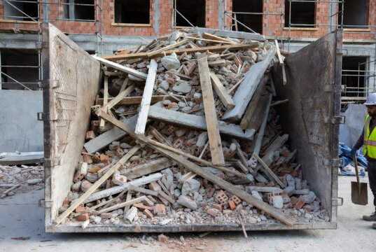 Construction debris in a skip bin at a building site with a worker in safety gear