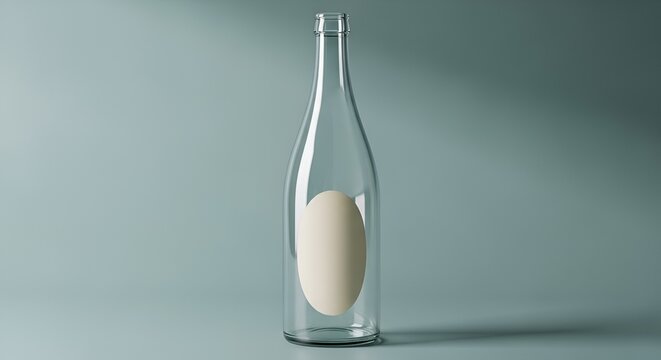 Egg trapped inside a clear glass bottle on a grey background, concept of impossible