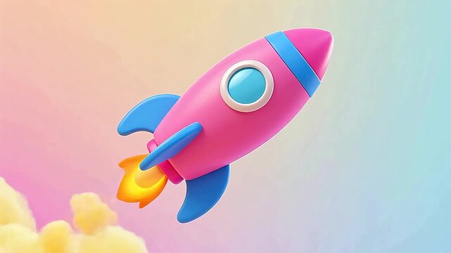 Pink and blue cartoon rocket with yellow smoke