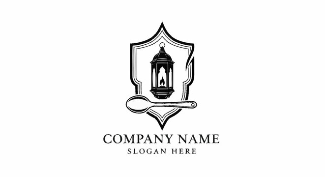 Vintage lantern and spoon logo emblem design.