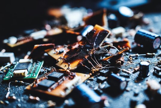 Macro shot of burnt electronic components and circuit boards, symbolizing failure and obsolescence