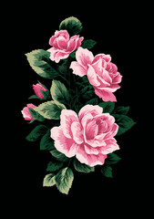Obraz premium Diseño floral vintage con rosas rosadas y hojas verdes sobre fondo rosa pastel