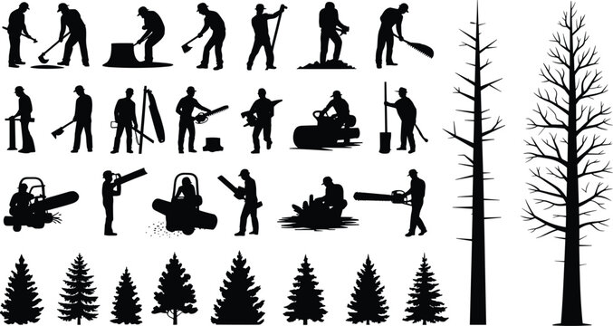 Forestry Worker Lumberjack Chainsaw Logging Tree Cutting Forest Pine Silhouette Icons Timber Woodland Industry Collection Set