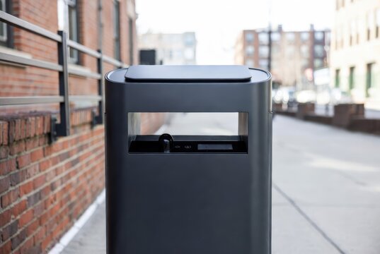 Modern Smart Trash Can with USB Ports and Digital Display on City Sidewalk