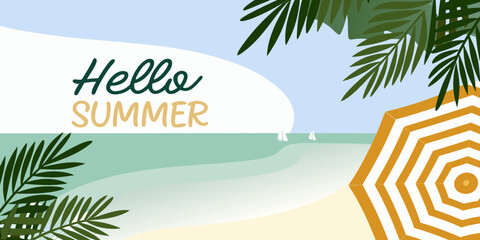 Obraz premium hello summer text with beach scene and palm leaves high quality professional detailed modern elegant