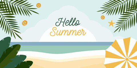 hello summer beach scene with palm leaves and ocean waves high quality professional detailed modern © Ripan