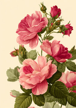 Dise&ntilde;o floral vintage con rosas rosadas y hojas verdes sobre fondo rosa pastel