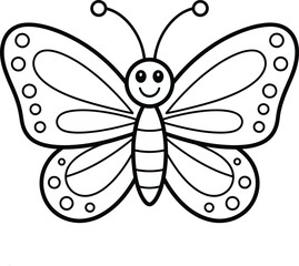 Smiling butterfly coloring book page featuring cute insect character, fun outline drawing for kids creative activity © BASAR BIN HABIB