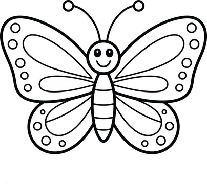 Smiling butterfly coloring book page featuring cute insect character, fun outline drawing for kids creative activity