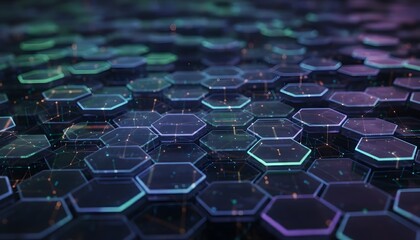Naklejka premium Abstract futuristic digital network composed of glowing hexagonal cells and interconnected nodes representing data flow and technological systems
