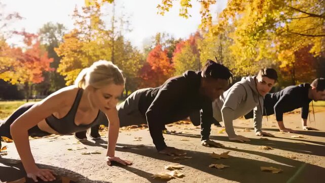 Starting set three adults holding plank lowering into in-sync push-ups on park path in workout gear