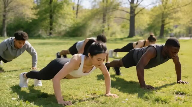 Starting Asian woman in white sports bra leading group doing push-ups for workout on park grass