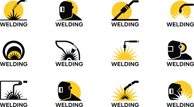 Welding logo set, welder torch icons, industrial fabrication badges, metal repair branding vector design templates collection