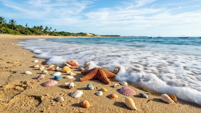 Sandy beach scene with colorful seashells and a starfish, serene coastal summer background celebrating marine beauty, bright daylight, realistic texture, no logos