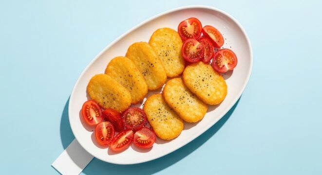 Delicious tostones and tomatoes on a white plate vibrant food photography